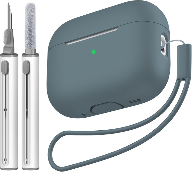 Tandoler حافظة متوافقة مع Airpods Pro 2، غلاف سيليكون ناعم واقي مع مجموعة تنظيف وحبل حمل متوافق مع AirPod Pro الجيل الثاني، LED أمامي مرئي - أزرق محيطي - Image 1